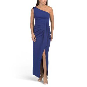 XSCAPE Marine Made In Usa One Shoulder Ruffle Gown